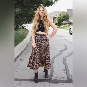 Leopard Pleated A-Line Midi Skirt w/ pockets